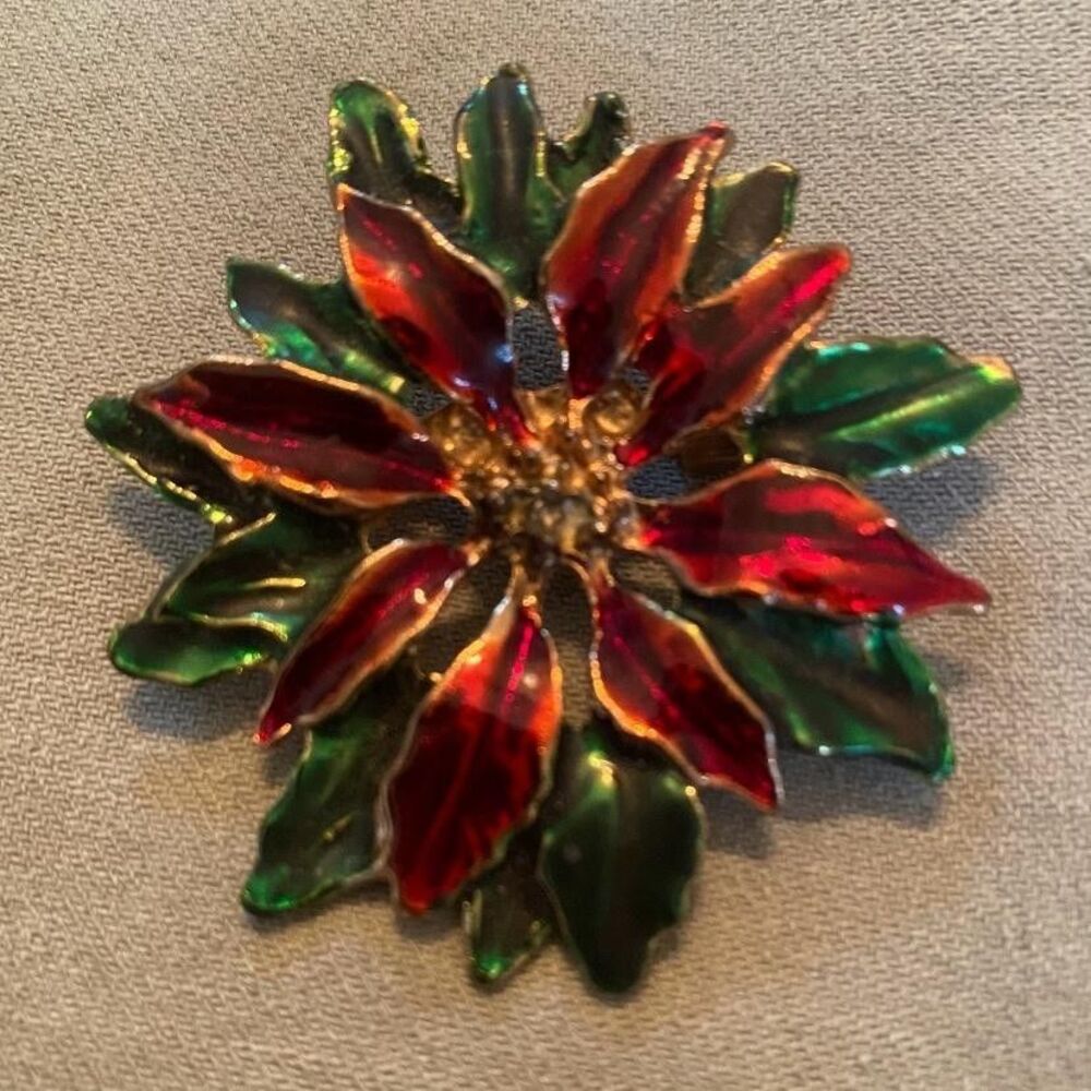 Red Green Enamel Poinsettia Flower Brooch Pin Gold Tone Christmas Holiday 2”